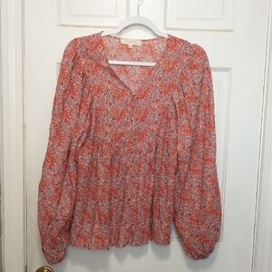 Anthropologie Orange Floral V-Neck Peasant Blouse